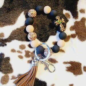 Animal Print Cross Charm Beaded Tassel Keychain Bracelet